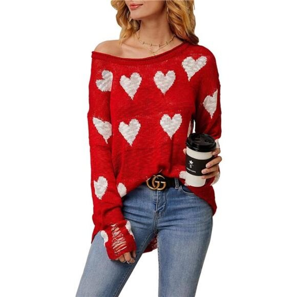 Sweaters - Women's Off Shoulder Pullovers Sweater Loose Hearts Printed Ripped Top, Red